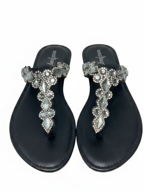 New West Loop Black Rhinestone Gem Bling Sandals Womens size 10